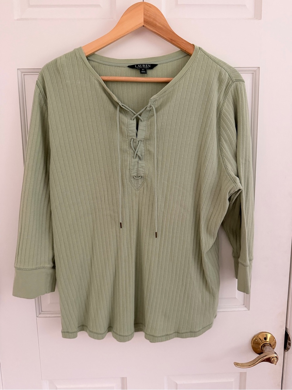 Ralph Lauren Sage Green Ribbed Lace-Up Long Sleeve Top
